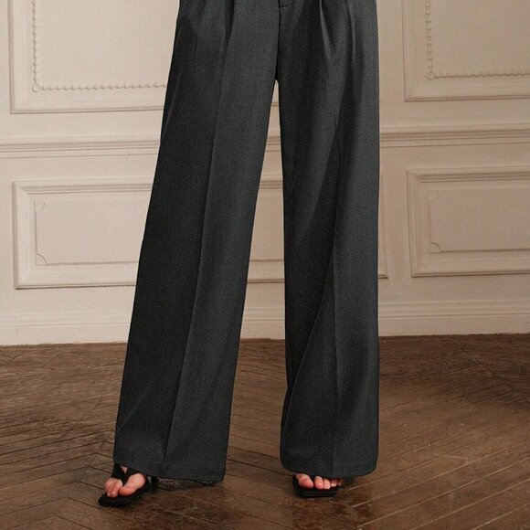 Grey Casual Women's Pleated Wide Leg Suit Pants - Picture 5 of 6